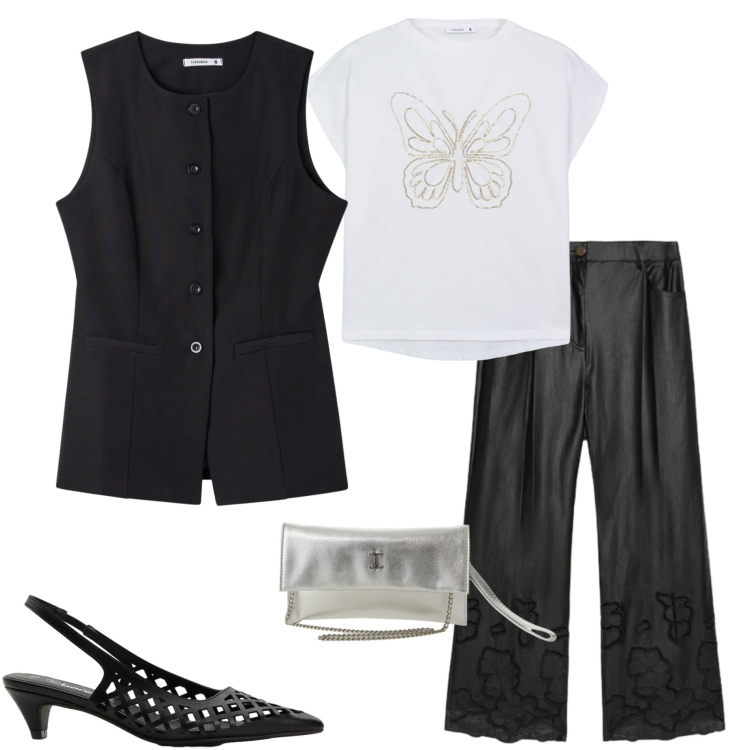 Outfit donna - Black and White. Stile Casual chic per Tutti i giorni. Abbinamento con décolleté, gilet, t-shirt, borse a tracolla, pantaloni.