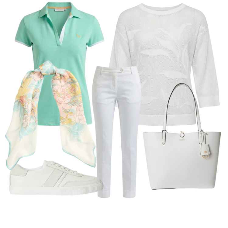 Outfit donna - Party alla marina. Stile Preppy per Mare. Abbinamento con maglieria, polo, pantaloni, sneakers, borse tote, foulard.