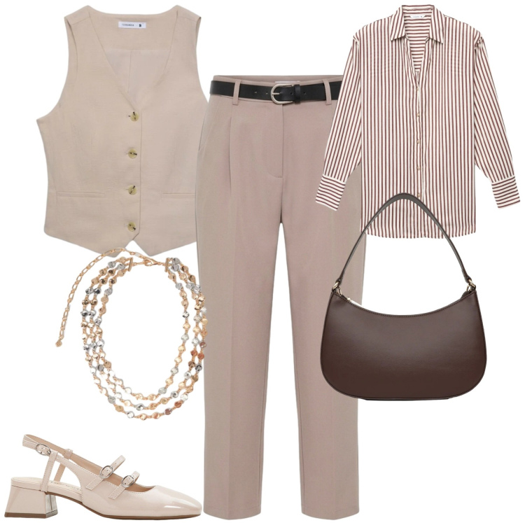 Outfit donna - In ufficio. Stile Urban per Ufficio. Abbinamento con décolleté, camicie, gilet, borse a tracolla, pantaloni, collane.
