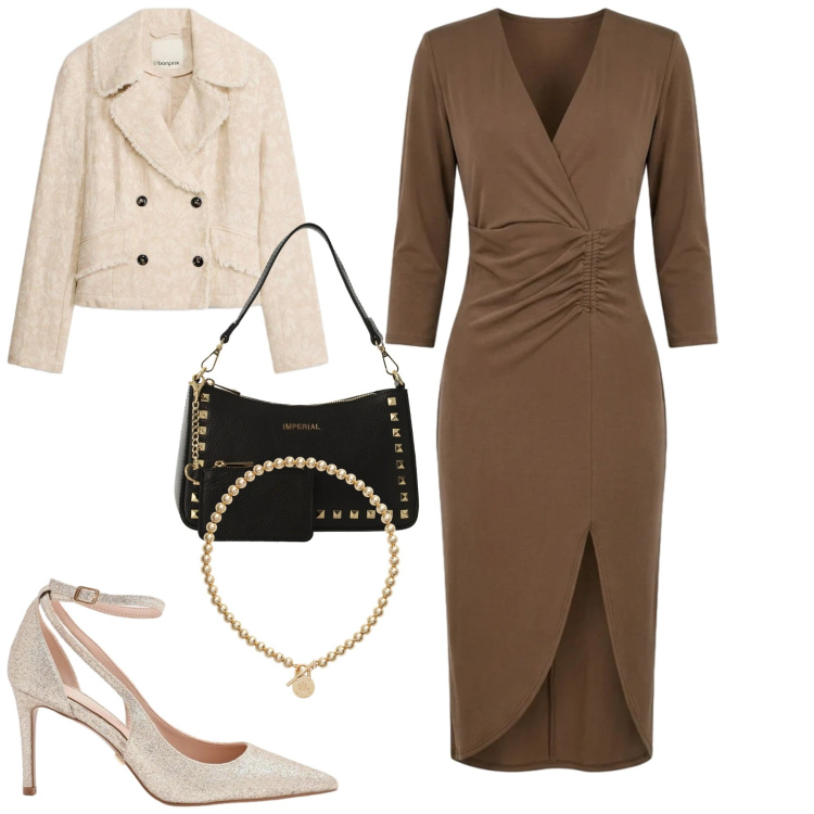 Outfit donna - Abito fango. Stile Trendy per Tutti i giorni. Abbinamento con blazer, borse a spalla, collane, vestiti asimmetrici, décolleté.