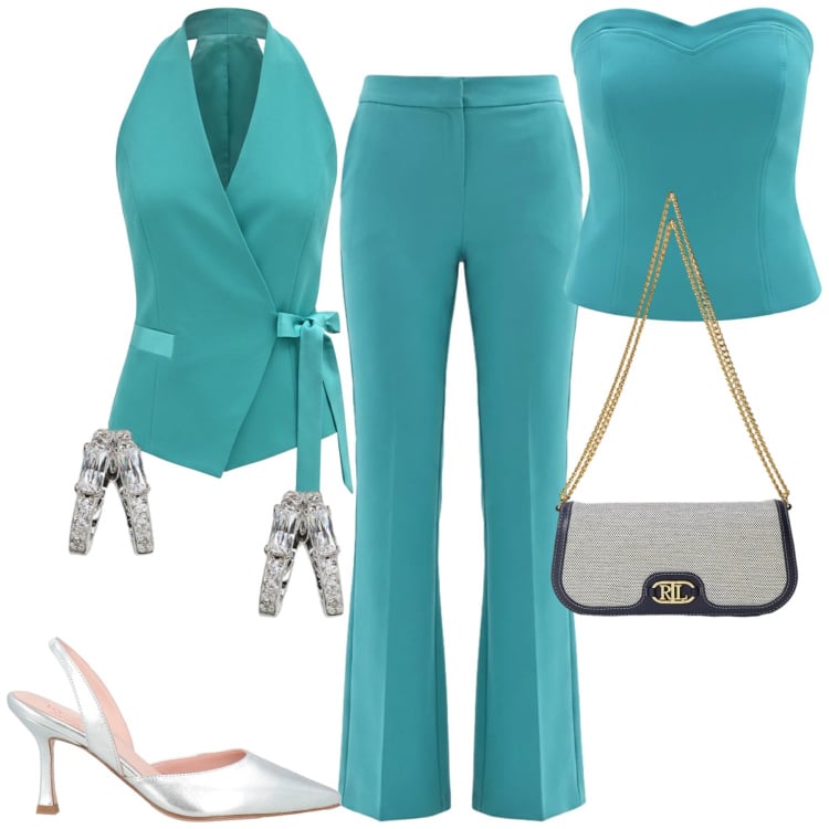Outfit donna - Cerimonia. Stile Chic per Cerimonia. Abbinamento con décolleté, gilet, pantaloni a palazzo, top, borse a spalla, orecchini.