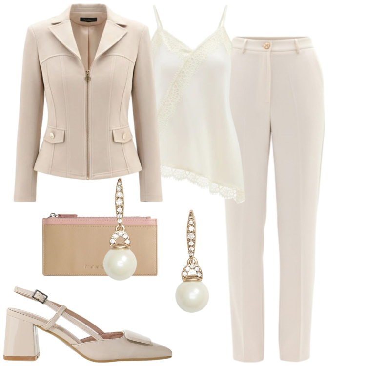 Outfit donna - Panna. Stile Chic per Tutti i giorni. Abbinamento con portafogli, décolleté, blazer, canottiere, pantaloni, orecchini.