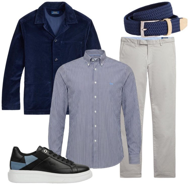 Outfit uomo - Eleganza in Blu e Grigio. Stile Urban per Ufficio. Abbinamento con cinture, camicie, sneakers, pantaloni, giacche.