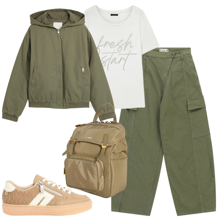 Outfit donna - City. Stile Casual per Tutti i giorni. Abbinamento con zaini, blazer, sneakers, t-shirt, pantaloni cargo.