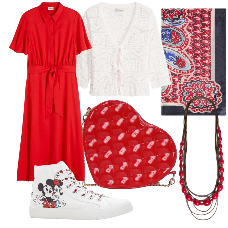Outfit donna - Red spring. Stile Glamour per Tutti i giorni. Abbinamento con vestiti, sneakers alte, cardigans, borse a tracolla, foulard, collane.