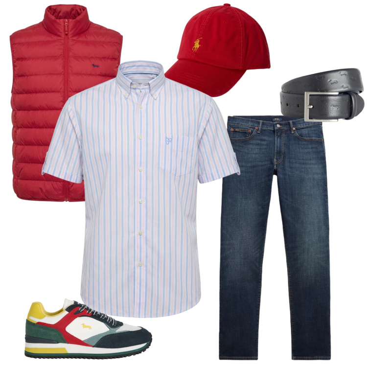 Outfit uomo - Energia Primaria e Stile Preppy. Stile Urban per Tutti i giorni. Abbinamento con sneakers, cinture, piumini, camicie a manica corta, cappelli con visiera, jeans.