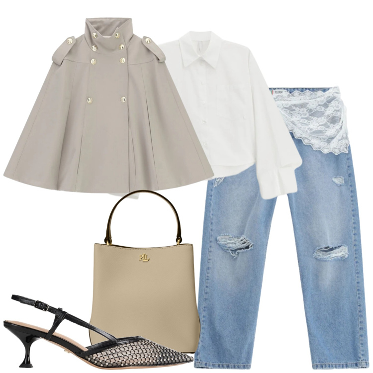 Outfit donna - City. Stile Casual per Tutti i giorni. Abbinamento con décolleté, cappotti, jeans strappati, camicie, borse a secchiello.