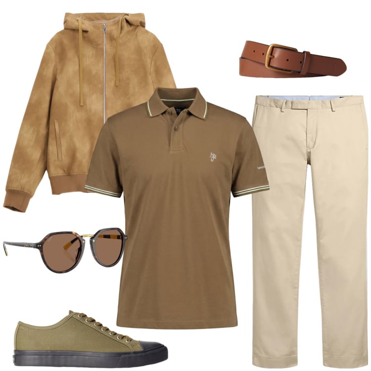 Outfit uomo - Sinfonia di Terra e Natura. Stile Urban per Tutti i giorni. Abbinamento con bomber, polo, sneakers, pantaloni chino, cinture, occhiali da sole.