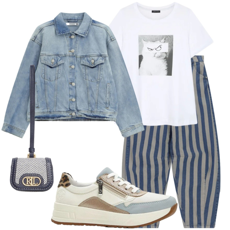 Outfit donna - Passione righe. Stile Casual chic per Scuola/Università. Abbinamento con sneakers, blazer, pantaloni a palazzo, t-shirt, pochette.