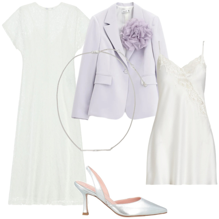 Outfit donna - 25esimo. Stile Romantica per Cerimonia. Abbinamento con décolleté, blazer, vestiti midi/longuette, camicie da notte, collane.