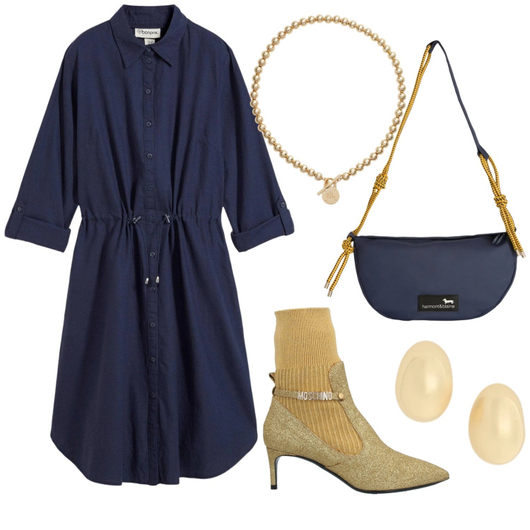 Outfit donna - Contrasti audaci. Stile Casual chic per Tutti i giorni. Abbinamento con stivaletti, vestiti chemisier, borse a tracolla, orecchini, collane.