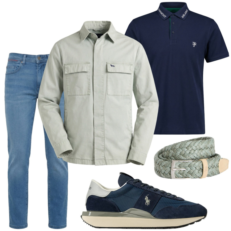 Outfit uomo - New Spring. Stile Trendy per Tutti i giorni. Abbinamento con giacche, jeans slim fit, cinture, polo, sneakers.