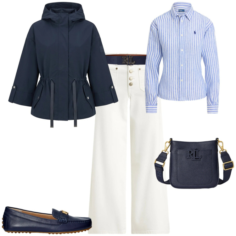 Outfit donna - Must have di mezza stagione. Stile Trendy per Tutti i giorni. Abbinamento con caban, jeans, mocassini, borse a tracolla, cinture, camicie.
