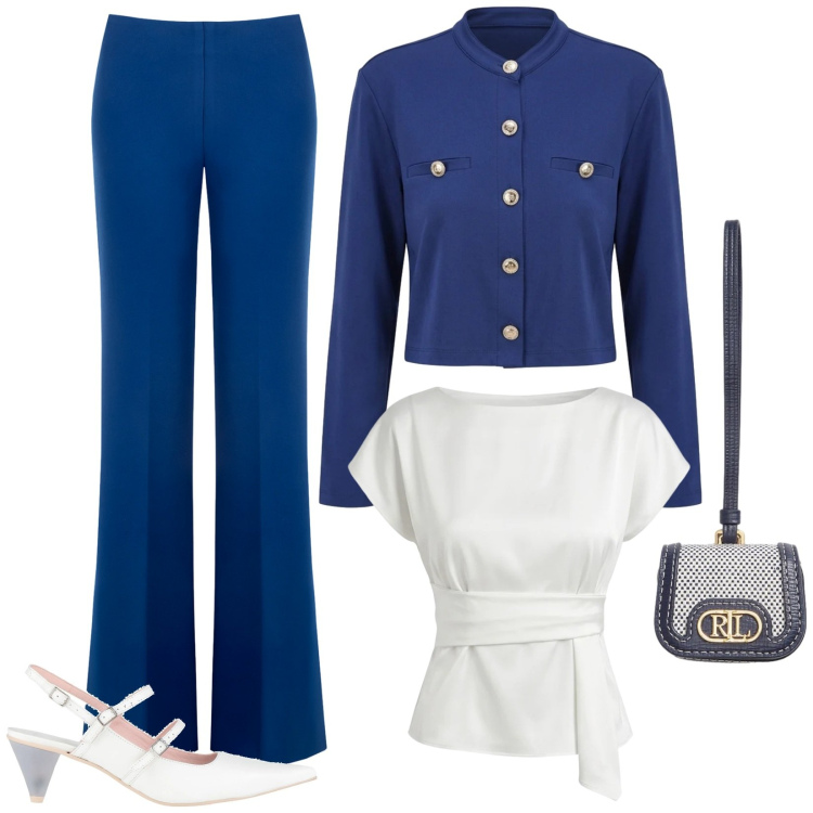 Outfit donna - Navy look. Stile Bon Ton per Cerimonia. Abbinamento con décolleté, bluse, pantaloni a palazzo, cardigans, pochette.