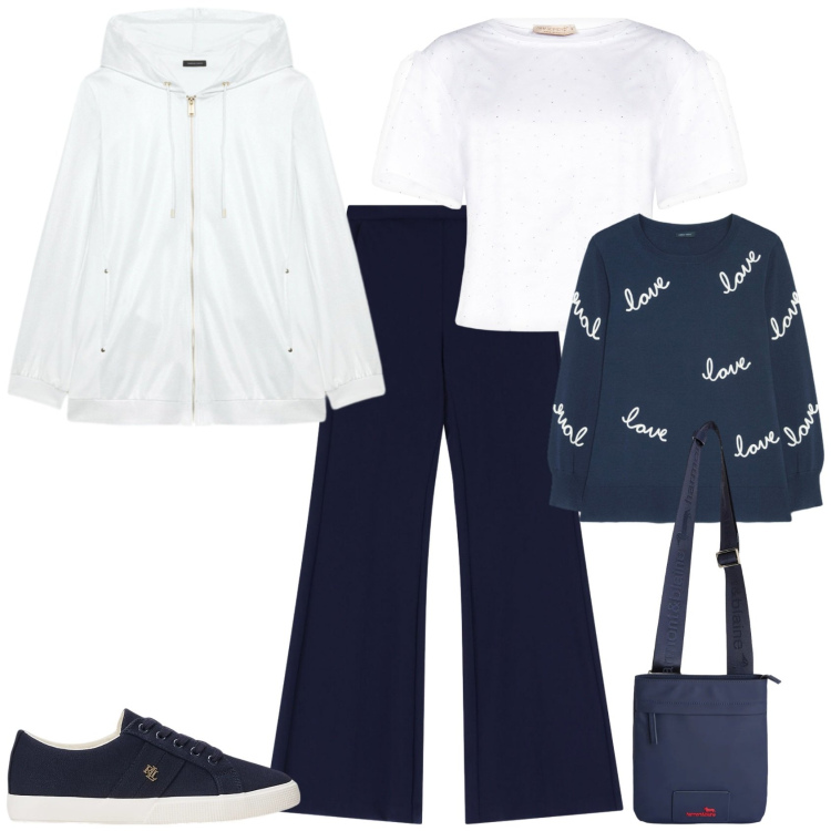 Outfit donna - Trendy ufficio tempo libero. Stile Trendy per Tutti i giorni. Abbinamento con pantaloni, felpe con cappuccio, maglieria, t-shirt, borse a tracolla, sneakers.