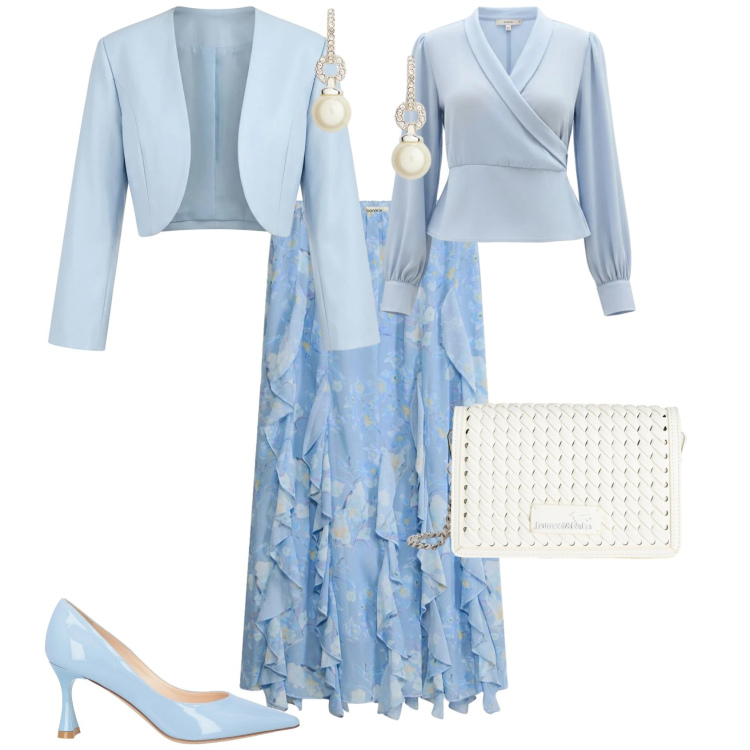 Outfit donna - Bon ton cerimonia evento. Stile Bon Ton per Cerimonia. Abbinamento con décolleté, gonne lunghe, bolero, bluse, borse a tracolla, orecchini.
