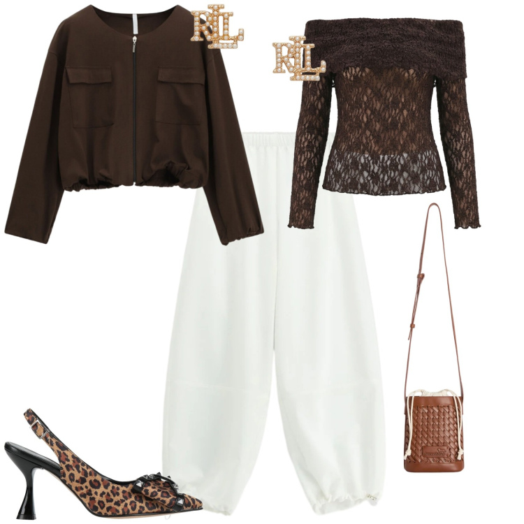 Outfit donna - Chic serata evento speciale. Stile Chic per Serata fuori. Abbinamento con décolleté, pantaloni, bomber, bluse, borse a secchiello, orecchini.