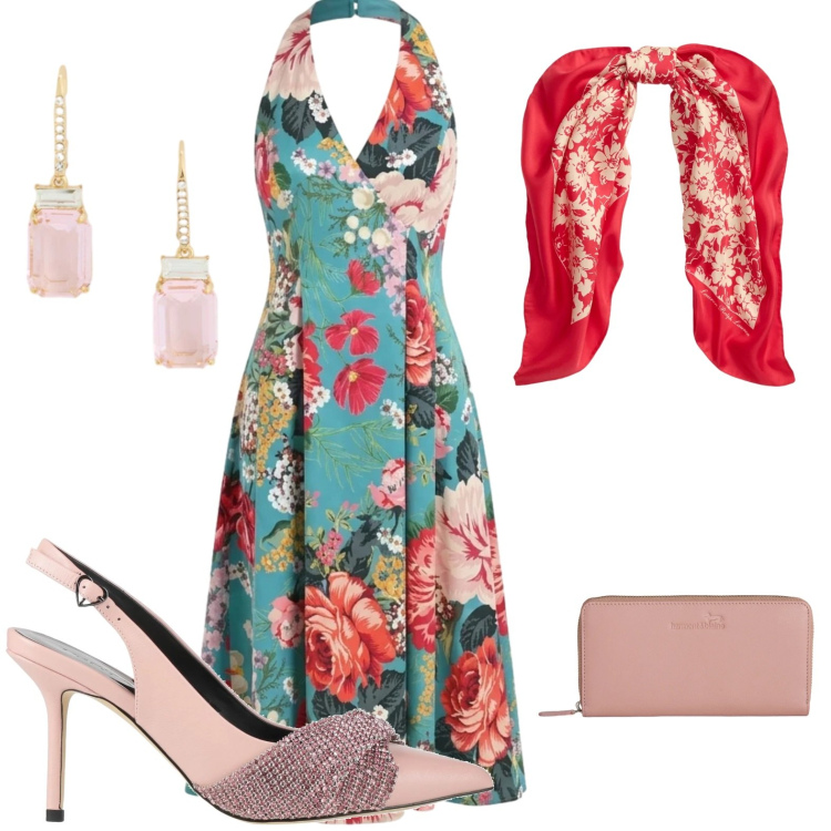 Outfit donna - Country chic wedding guest. Stile Chic per Cerimonia. Abbinamento con décolleté, vestiti midi/longuette, portafogli, foulard, orecchini.