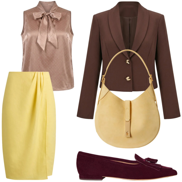 Outfit donna - Glamour sinuoso. Stile Chic per Serata fuori. Abbinamento con blazer, canottiere, ballerine, gonne, borse a spalla.