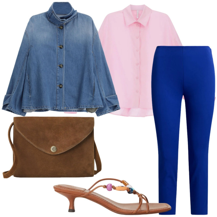 Outfit donna - Denim iconico. Stile Minimal per Tutti i giorni. Abbinamento con blazer, camicie, borse a tracolla, pantaloni skinny, sandali gioiello.