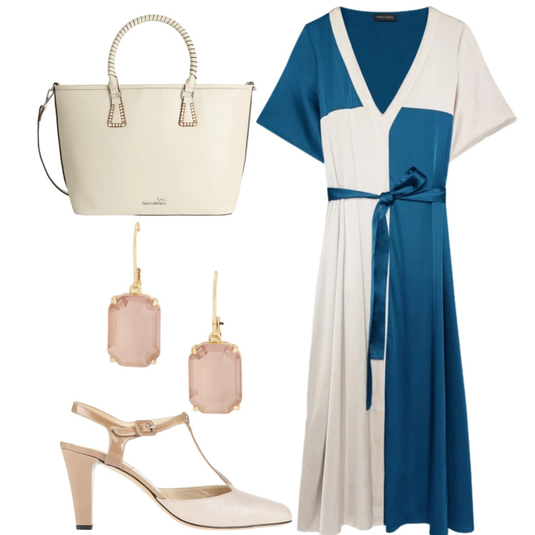 Outfit donna - Design color block. Stile Basic per Tutti i giorni. Abbinamento con décolleté, shopping bag, vestiti midi/longuette, orecchini.
