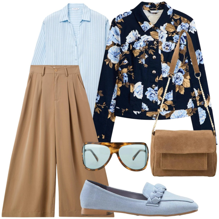 Outfit donna - Giacca floreale. Stile Casual per Tutti i giorni. Abbinamento con mocassini, blazer, borse a tracolla, pantaloni, camicie, occhiali da sole.