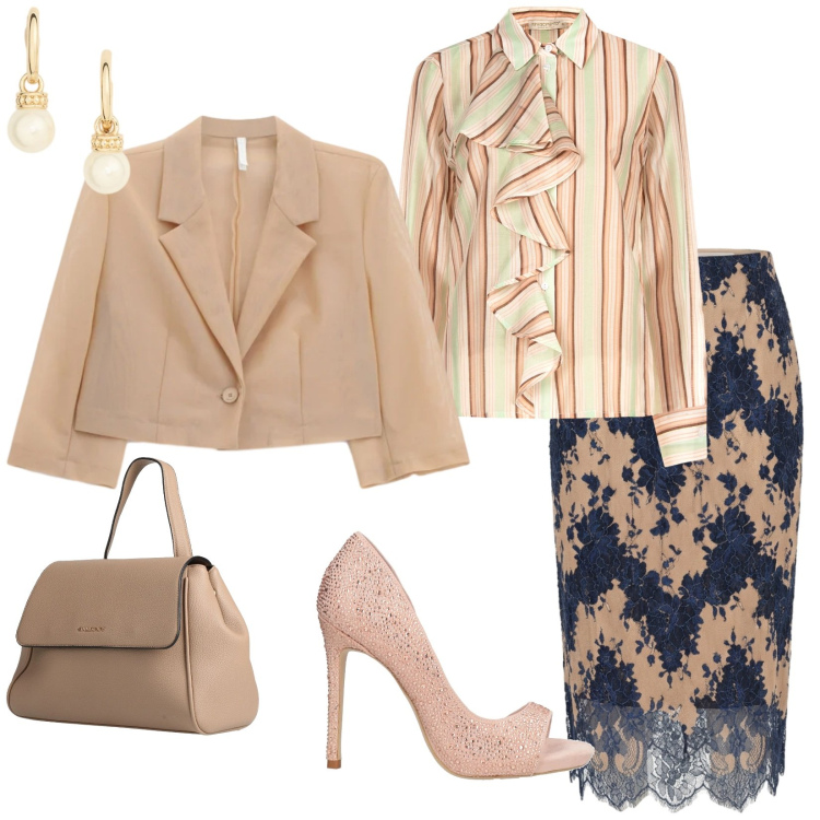 Outfit donna - Testimone di nozze. Stile Bon Ton per Cerimonia. Abbinamento con décolleté, zaini, blazer, gonne longuette, camicie, orecchini.