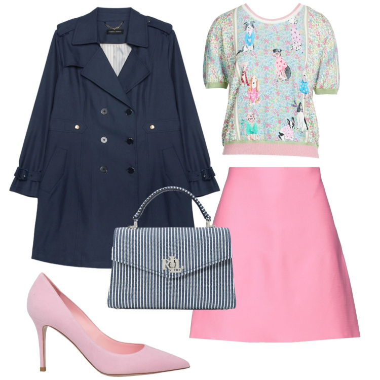 Outfit donna - Gonna a trapezio e trench bon ton. Stile Bon Ton per Ufficio. Abbinamento con pullovers, minigonne, décolleté, trench, borse a mano.