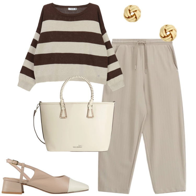 Outfit donna - Aprile. Stile Casual chic per Tutti i giorni. Abbinamento con décolleté, shopping bag, maglieria, pantaloni, orecchini.
