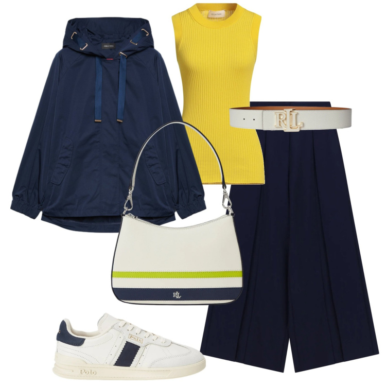 Outfit donna - Weekend di pioggia. Stile Casual chic per Tutti i giorni. Abbinamento con pullovers, pantaloni a palazzo, parka, sneakers, cinture, borse a spalla.