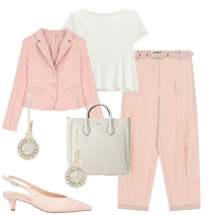 Outfit donna - In rosa. Stile Chic per Tutti i giorni. Abbinamento con décolleté, top, pantaloni, borse a tracolla, blazer, orecchini.