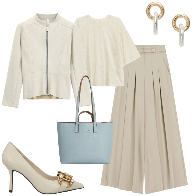Outfit donna - Toni neutri. Stile Urban per Tutti i giorni. Abbinamento con décolleté, pantaloni a palazzo, blazer, bluse, shopping bag, orecchini.