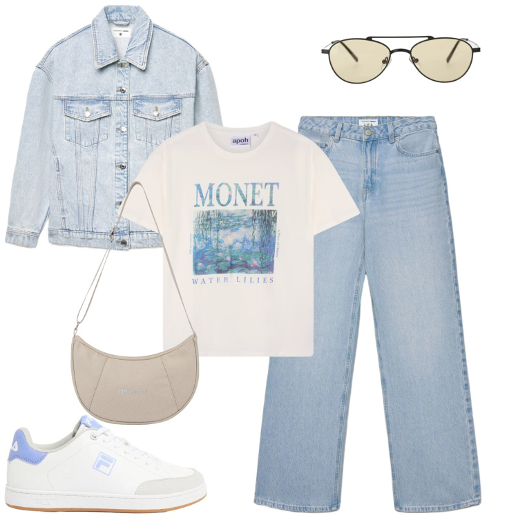 Outfit donna - Aprile. Stile Casual per Tutti i giorni. Abbinamento con sneakers, jeans, cappotti, t-shirt, occhiali da sole, borse a spalla.