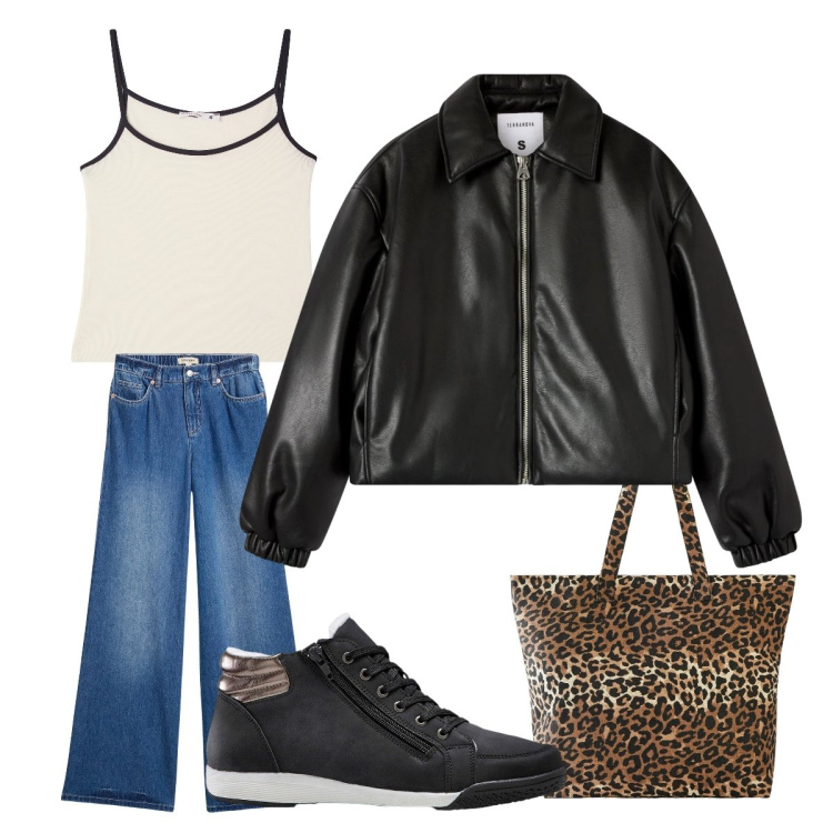 Outfit donna - City. Stile Urban per Tutti i giorni. Abbinamento con sneakers alte, shopping bag, jeans, bomber, top.