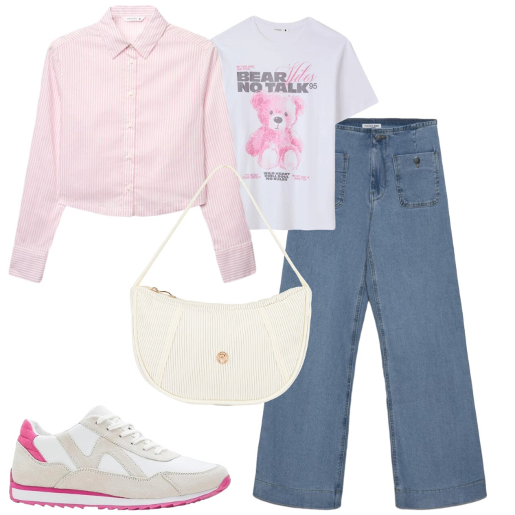 Outfit donna - Aprile. Stile Casual per Tutti i giorni. Abbinamento con sneakers, t-shirt, camicie, jeans, borse a mano.