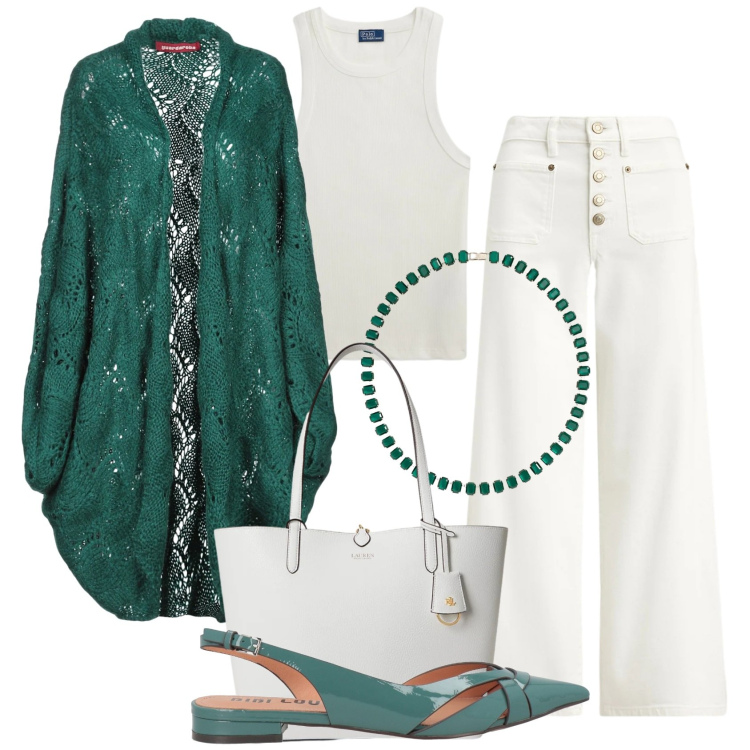 Outfit donna - Cardigan verde traforato. Stile Chic per Tutti i giorni. Abbinamento con cardigans, ballerine, canottiere, collane, jeans, borse tote.