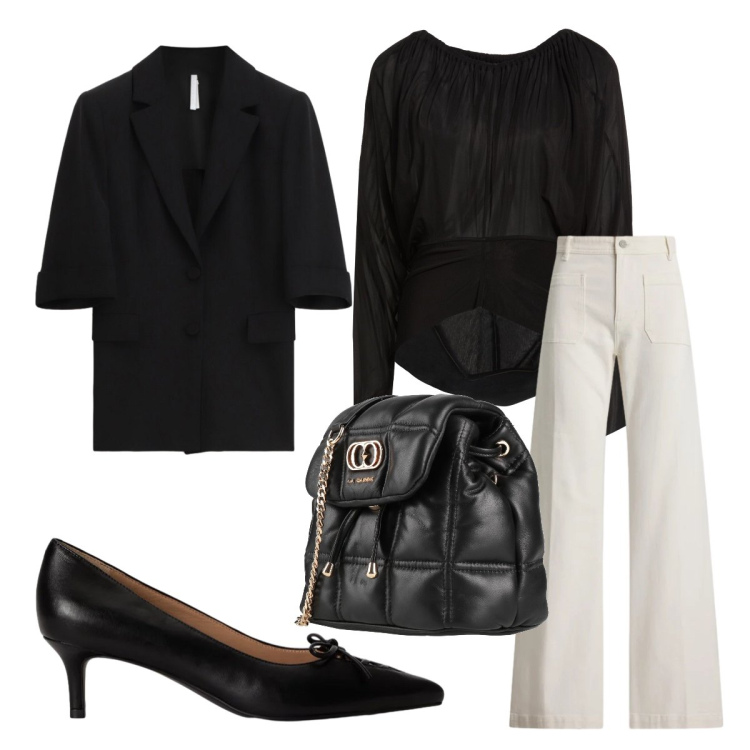 Outfit donna - Dinamica. Stile Casual chic per Ufficio. Abbinamento con top, valigie, blazer, décolleté, jeans.