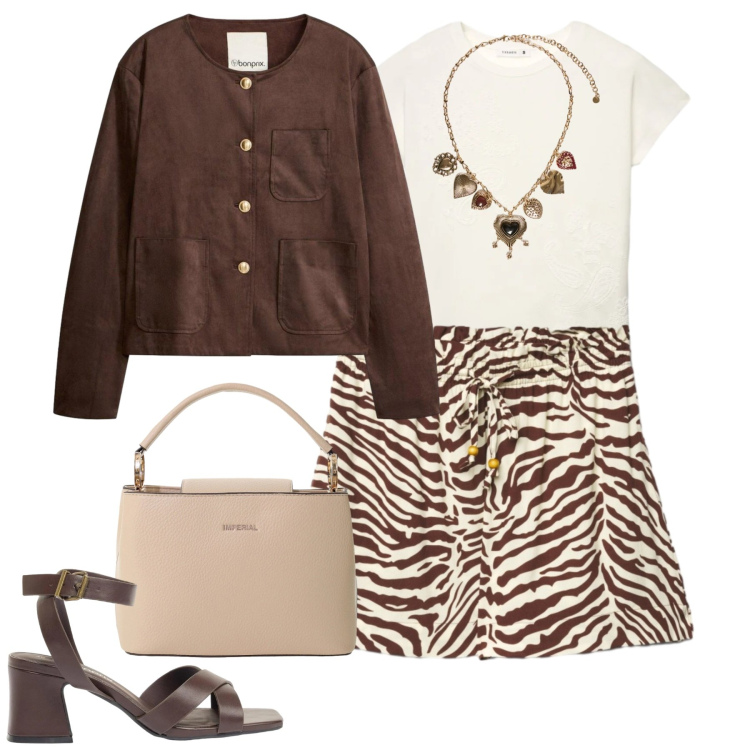 Outfit donna - Aprile. Stile Casual chic per Tutti i giorni. Abbinamento con blazer, sandali col tacco, shorts, t-shirt, borse a secchiello, collane.