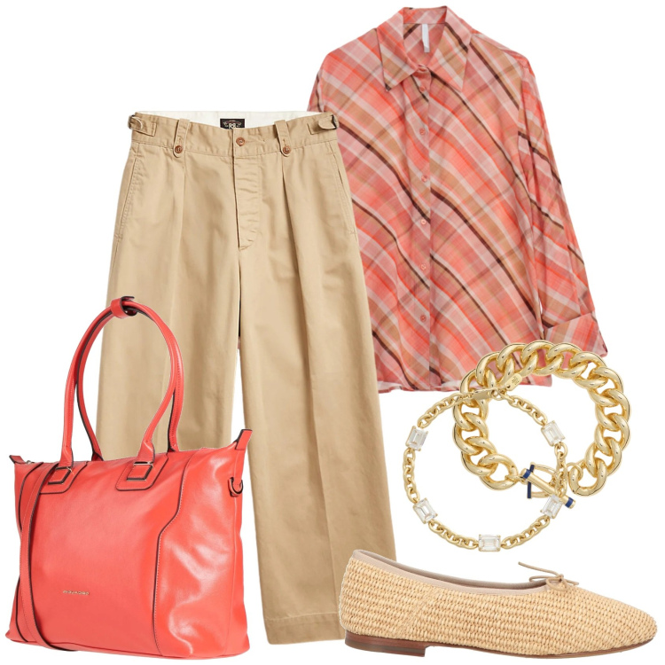 Outfit donna - Arancio e tonalità neutre. Stile Casual chic per Tutti i giorni. Abbinamento con zaini, ballerine, camicie, pantaloni, braccialetti, braccialetti.