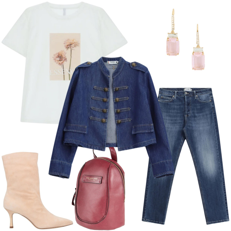Outfit donna - Urban Military Chic. Stile Casual chic per Tutti i giorni. Abbinamento con stivaletti, zaini, blazer, jeans, t-shirt, orecchini.