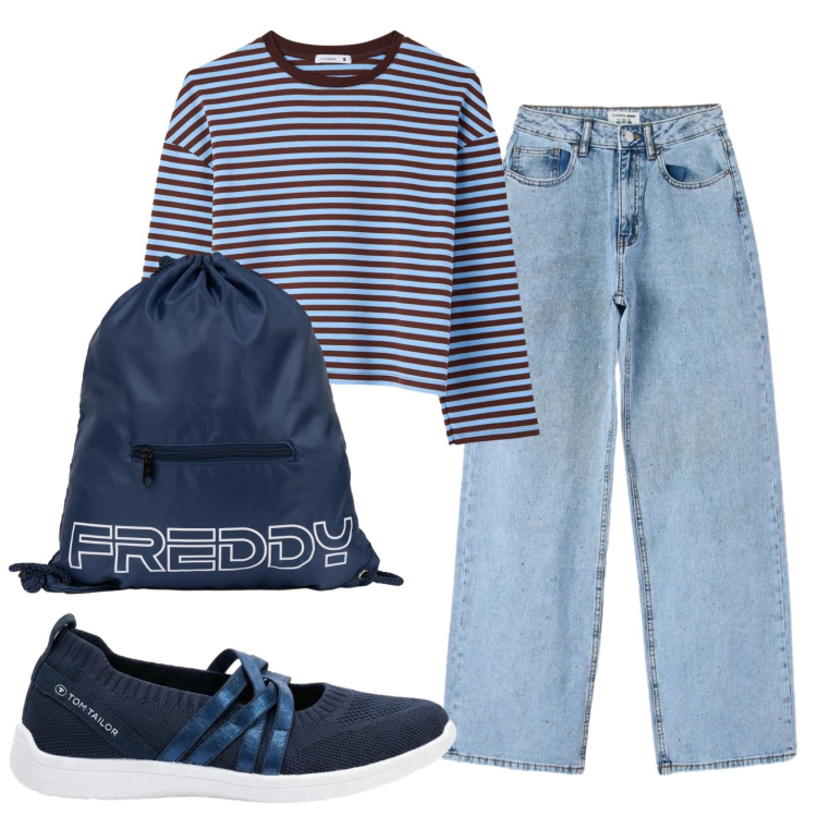 Outfit donna - Total look #2382672. Stile Casual per Scuola/Università. Abbinamento con sneakers, t-shirt, jeans, zaini.