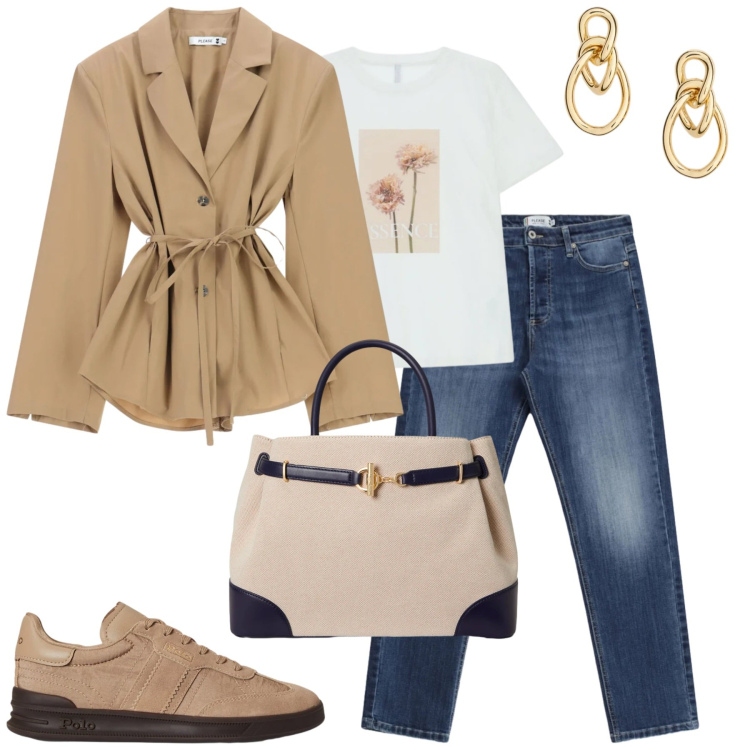 Outfit donna - Tempo variabile. Stile Casual chic per Tutti i giorni. Abbinamento con jeans, blazer, t-shirt, orecchini, borse a mano, sneakers.