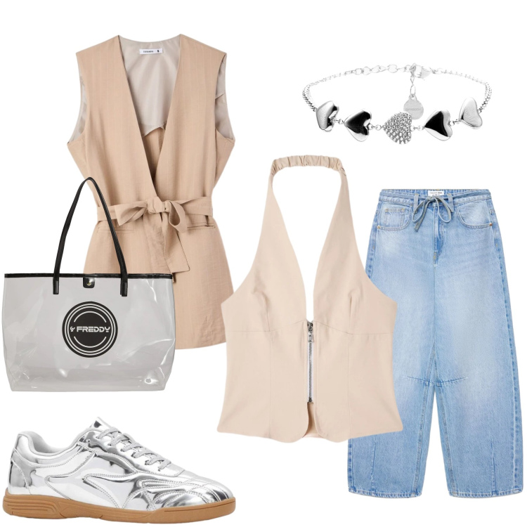 Outfit donna - Summer in the City. Stile Casual chic per Tutti i giorni. Abbinamento con sneakers, top, gilet, jeans, shopping bag, braccialetti.