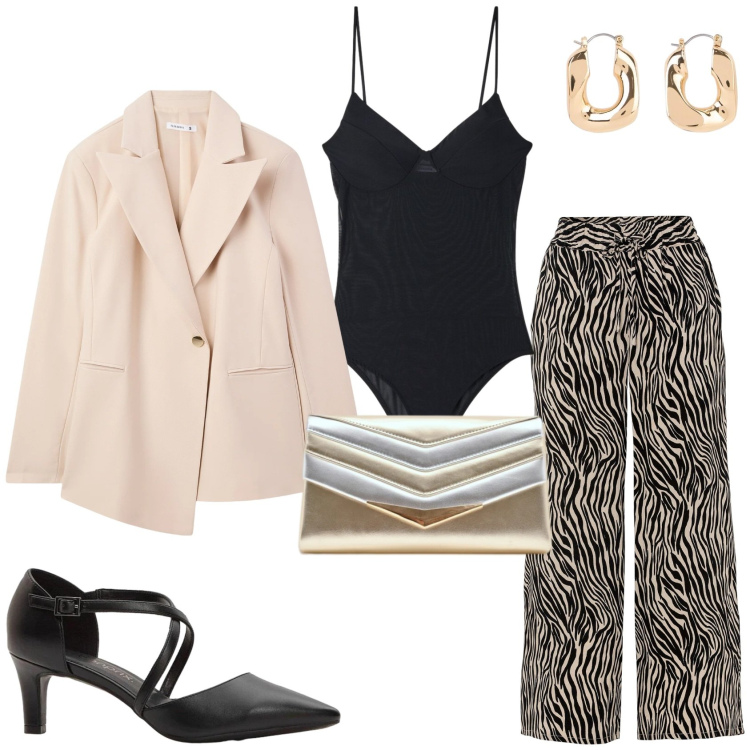 Outfit donna - Il look trendy. Stile Trendy per Serata fuori. Abbinamento con pantaloni culotte, décolleté, orecchini, blazer, body, pochette.