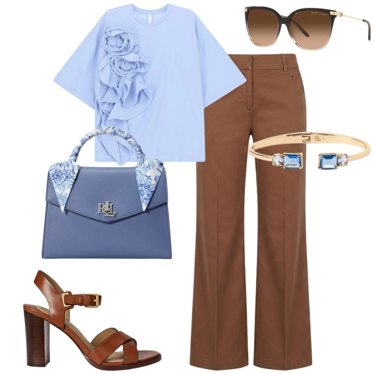 Outfit donna - Aprile. Stile Urban per Tutti i giorni. Abbinamento con t-shirt, pantaloni, occhiali da sole, sandali in pelle, braccialetti, borse a mano.