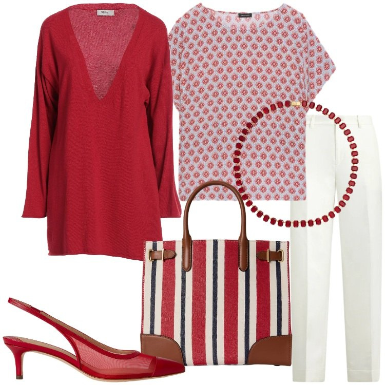 Outfit donna - Colori che illuminano rosso vivace. Stile Casual chic per Tutti i giorni. Abbinamento con pullovers, t-shirt, décolleté, collane, pantaloni, borse tote.