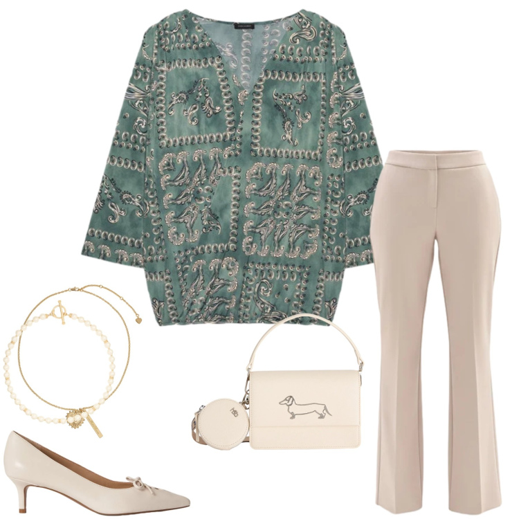 Outfit donna - Boho-Chic Sofisticato. Stile Boho per Tutti i giorni. Abbinamento con t-shirt, pantaloni, borse a tracolla, ciondoli, décolleté, collane.