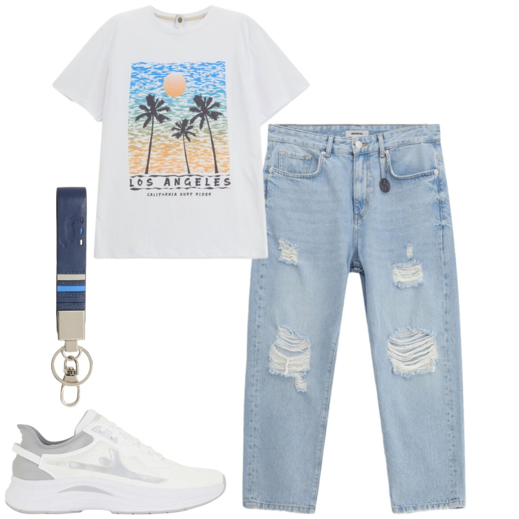 Outfit uomo - Aprile. Stile Casual per Tutti i giorni. Abbinamento con portachiavi, jeans strappati, t-shirt, sneakers.