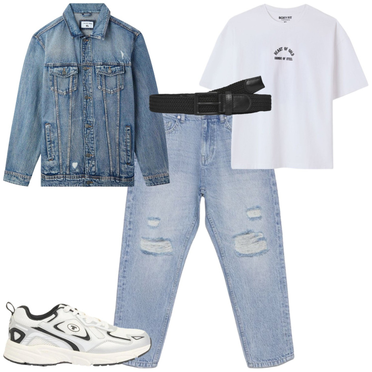 Outfit uomo - Aprile. Stile Casual per Tutti i giorni. Abbinamento con sneakers, giacche, cinture, jeans strappati, t-shirt.