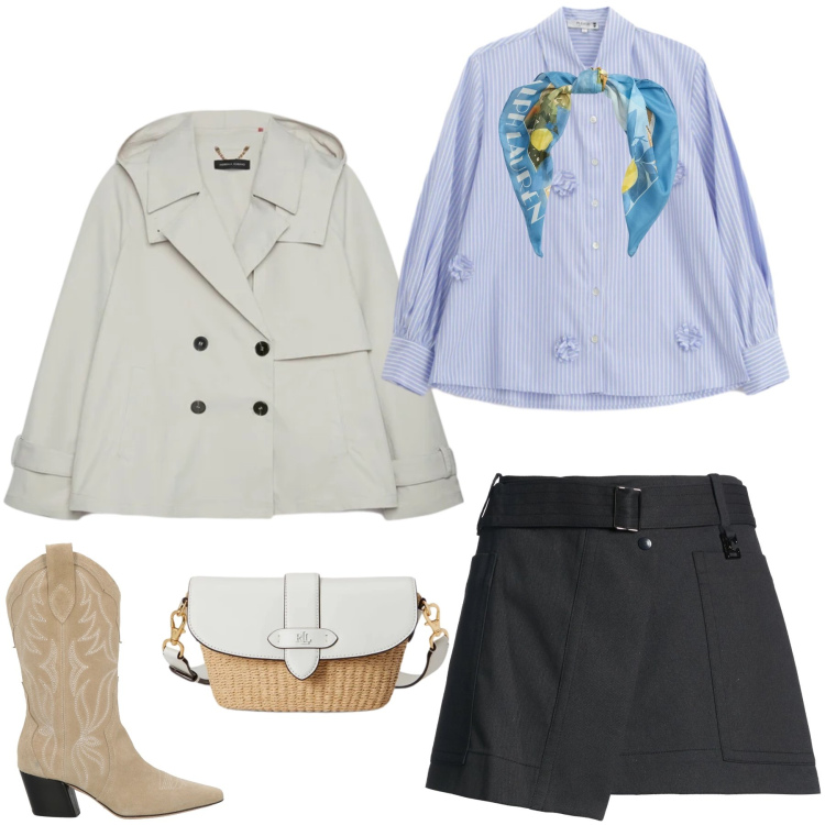 Outfit donna - Contrasti Urbani. Stile Preppy per Ufficio. Abbinamento con minigonne, stivali, trench, camicie, foulard, borse a spalla.